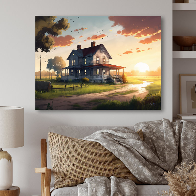«Burning Sky At Sunset Farmhouse III» - Décoration murale paysage de ferme, H 16 po x l 32 po, Toile tendue