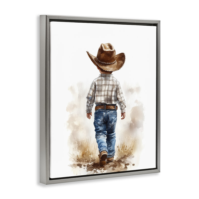 Cadre flottant Rustic Cowboy Child, design par Christine Simpson Art, H 31 po x l 25 po, Cadre flottant gris lustré