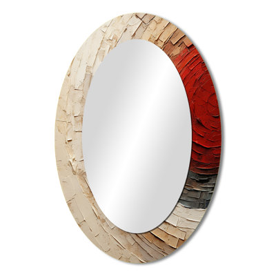 Beige Red Spiral Poteries I - Abstract Oval Decorative Mirror On Metal