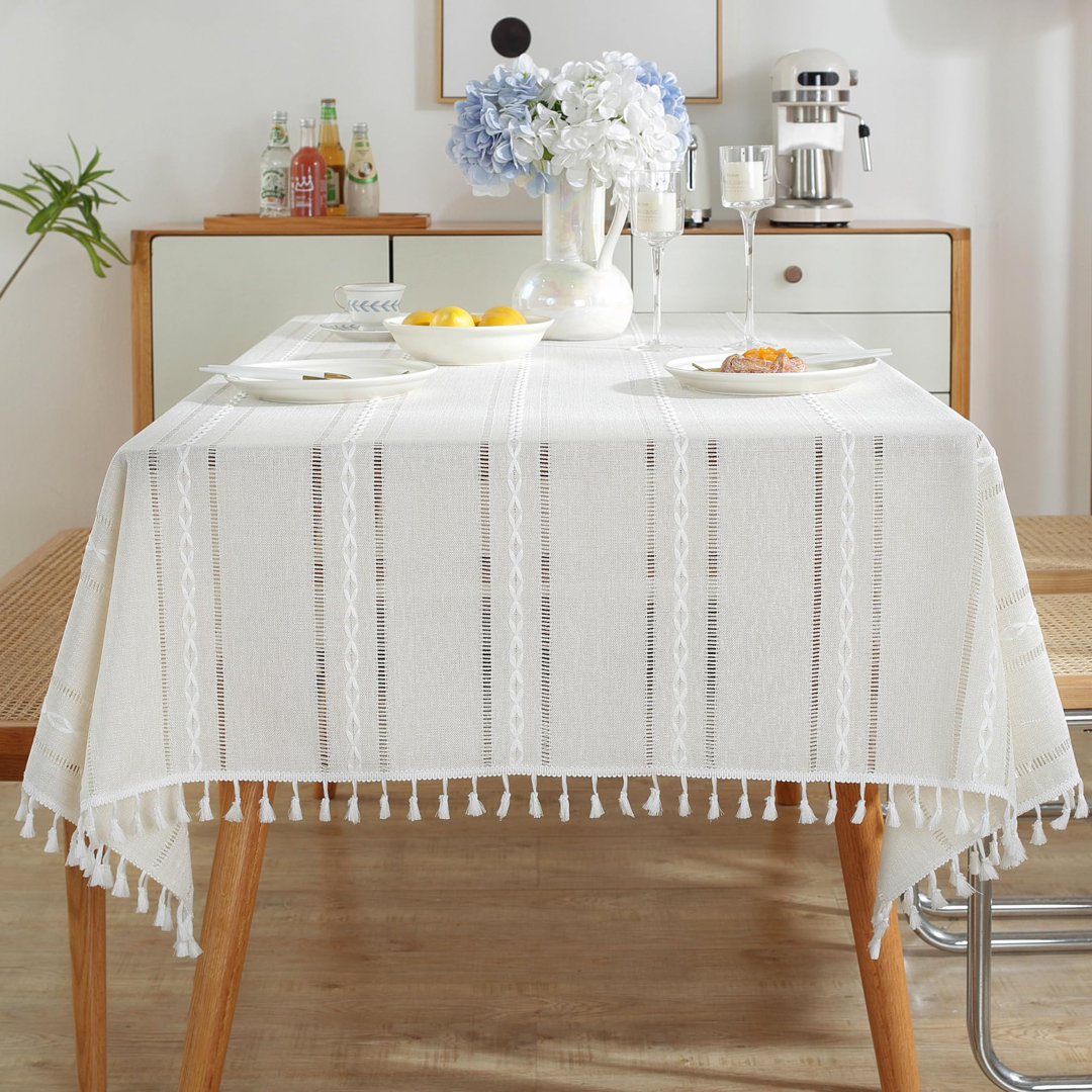 Cotton Linen Rectangular Tablecloth with Tassels, Washable, Wrinkle-Free for Kitchen, Dining, Party