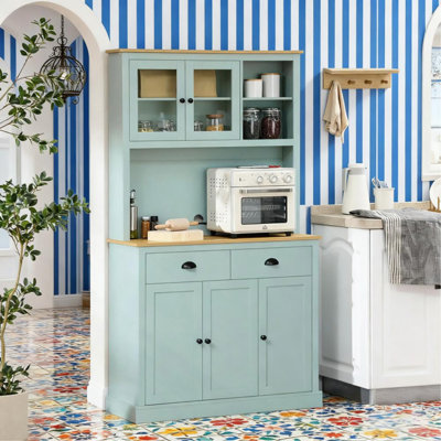 Cabinet Light Blue Pantry Storage Freestanding Kitchen Buffet With Hutch With Drawers, Glass Doors, And Adjustable Shelves
