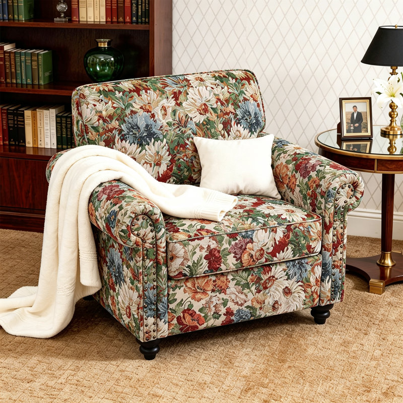 Upholstered Cotton Blend Armchair, Orange Blooms