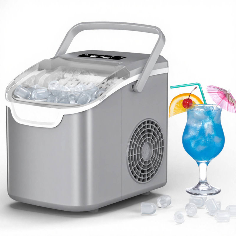 Efficient Portable Countertop Ice Maker: Quick 8-Cube In 6 Mins, Up To 26Lb/Day, 2 Ice Sizes, Perfect For Home/Party/Travel Grey