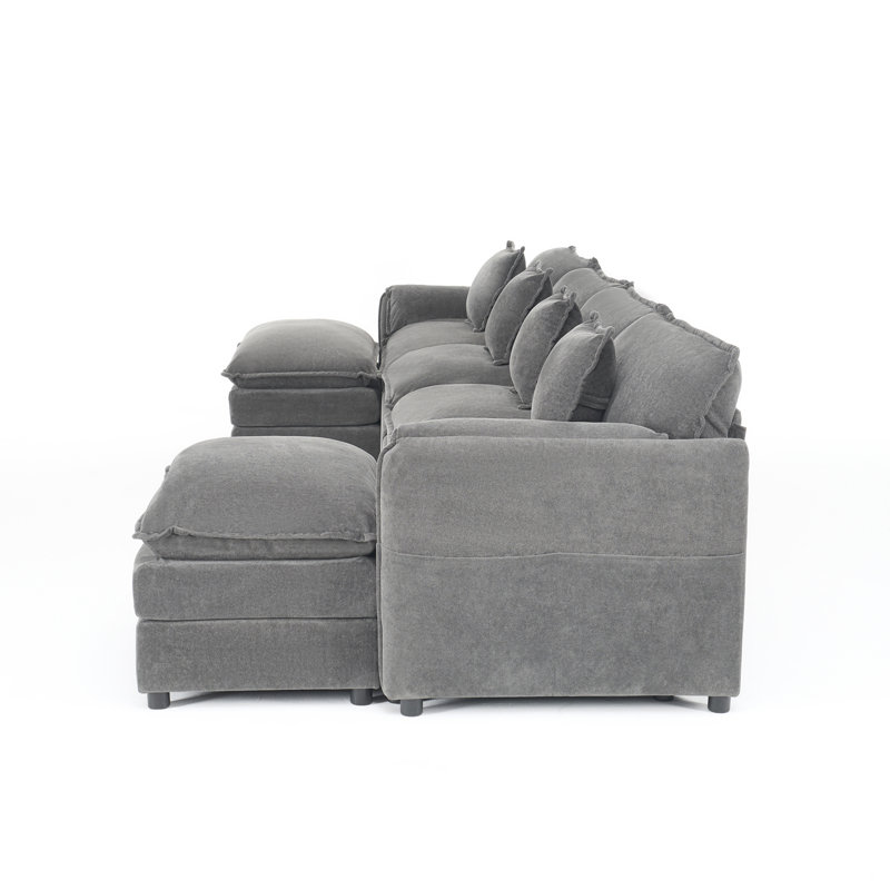 Canapé modulaire surdimensionné en U gris surdimensionné à assise profonde - Canapé 4 places confortable avec 2 repose-pieds mobiles, combinaison de bricolage, chenille