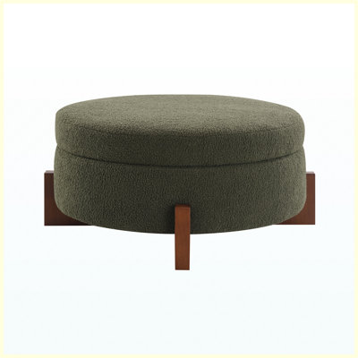 Repose-pieds de rangement rond de 33 po, repose-pieds en tissu vert olive avec siège rembourré en éponge, pieds en bois de noyer, escabeau moderne pour le vestibule de la chambre à coucher du salon