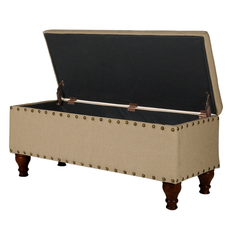 Anielle Upholstered Ottoman Storage Bench, Tan/Brushed Brass Nailhead