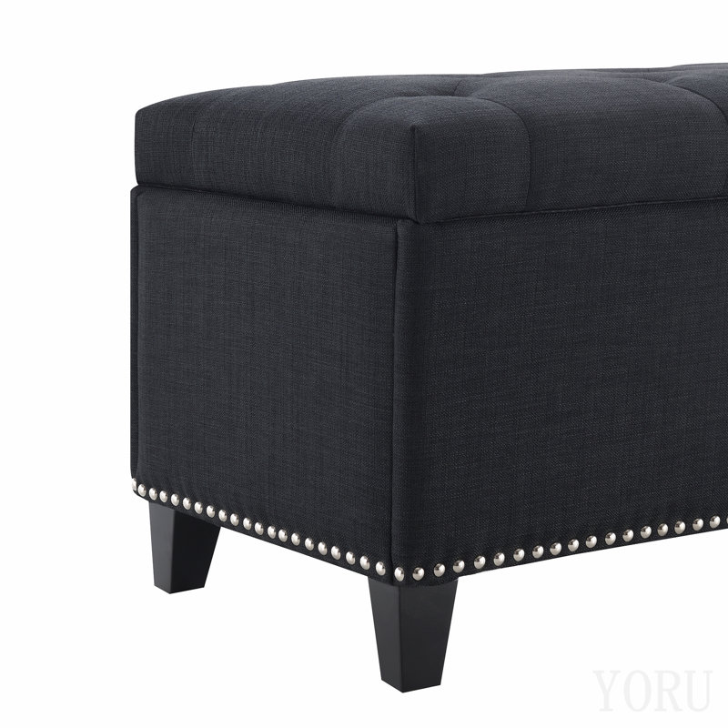 Pouf de rangement de 120 cm, banc de rangement avec charnières de sécurité, pouf capitonné en lin pour salon, entrée, couloir, repose-pieds, supporte jusqu'à 227 kg - Noir