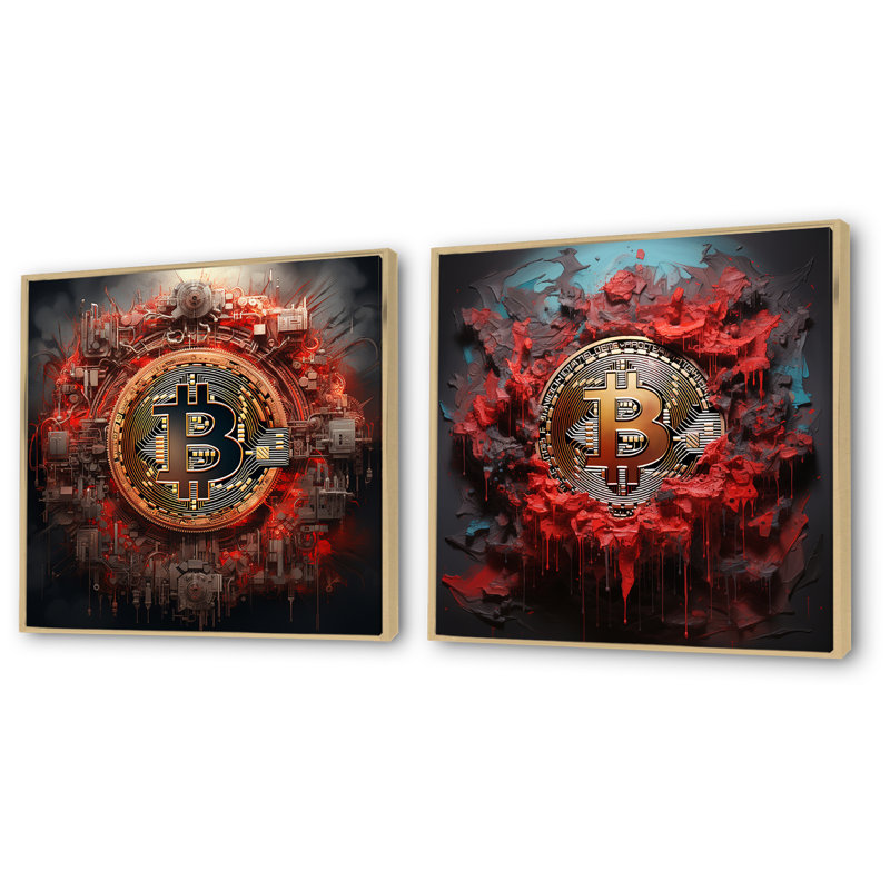 Red Bitcoin Crypto monnaie I - mode décoration murale de 2 pièces, H 16 po x l 33 po x P 1 po, Cadre flottant brun