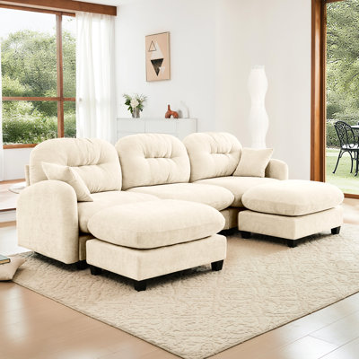 Canapé d'angle modulaire 3 places beige, revêtement en chenille, siège ergonomique, 2 coussins décoratifs, canapé polyvalent avec revêtement en chenille, finitions soignées, installation facile