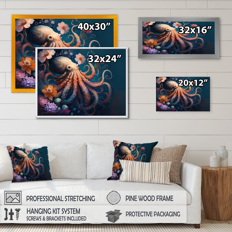 Pieuvre dans l'océan avec fleurs I - art mural bord de mer, H 12 po x l 20 po x P 1 po, Cadre flottant noir