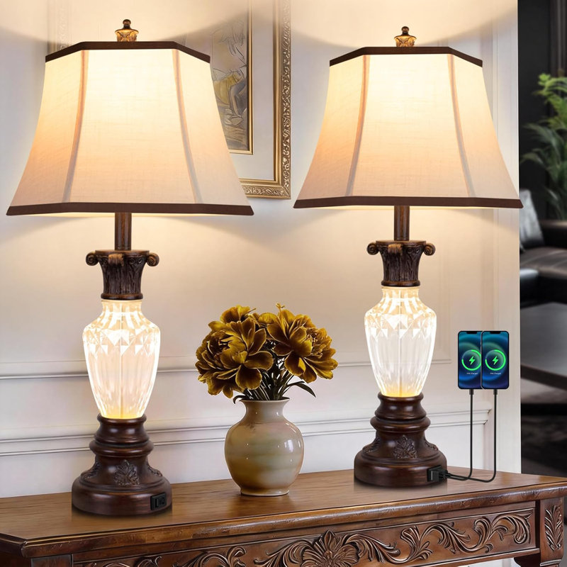 28.5" Farmhouse Table Lamps Set of 2 with USB Ports, 3-Way Color Temperature & Nightlight Base, Brown Resin Bedside Lamps
