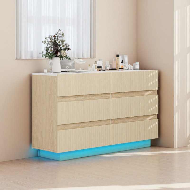 Commode à 6 tiroirs cannelés, commode double à tiroirs, commode moderne de 47,24 po avec DEL, organisateur de tiroir pour chambre à coucher, salon, couloir