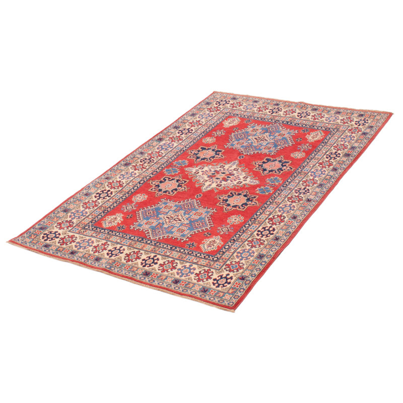 Tapis bleu / rouge / saumon en laine noué à la main de conception unique 4 pi 8 po x 7 pi 1 po nouvel âge Vania