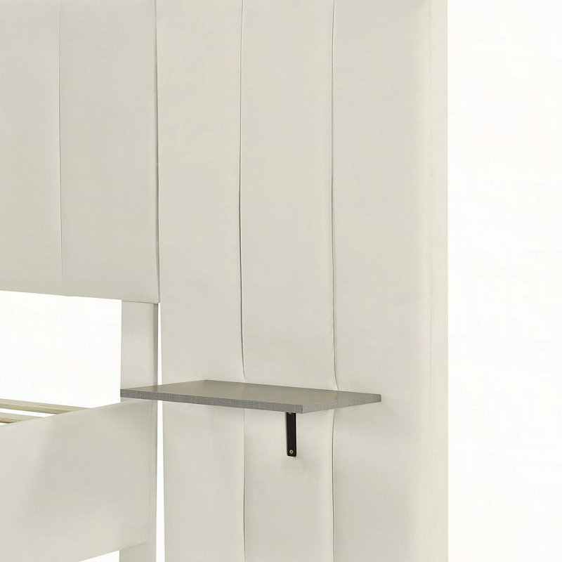 Grand lit plateforme tapissier avec grande tête de lit, mobilier de chambre à coucher, velours, beige, Grand lit, Beige