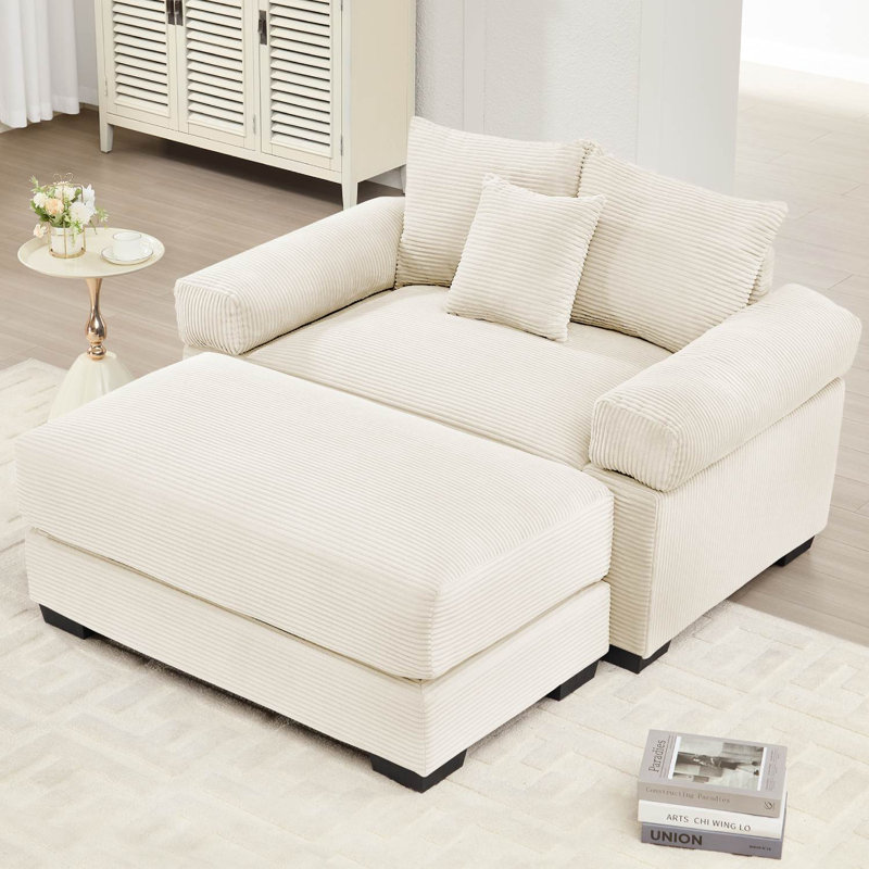 Canapé rembourré en velours côtelé avec repose-pieds, Blanc