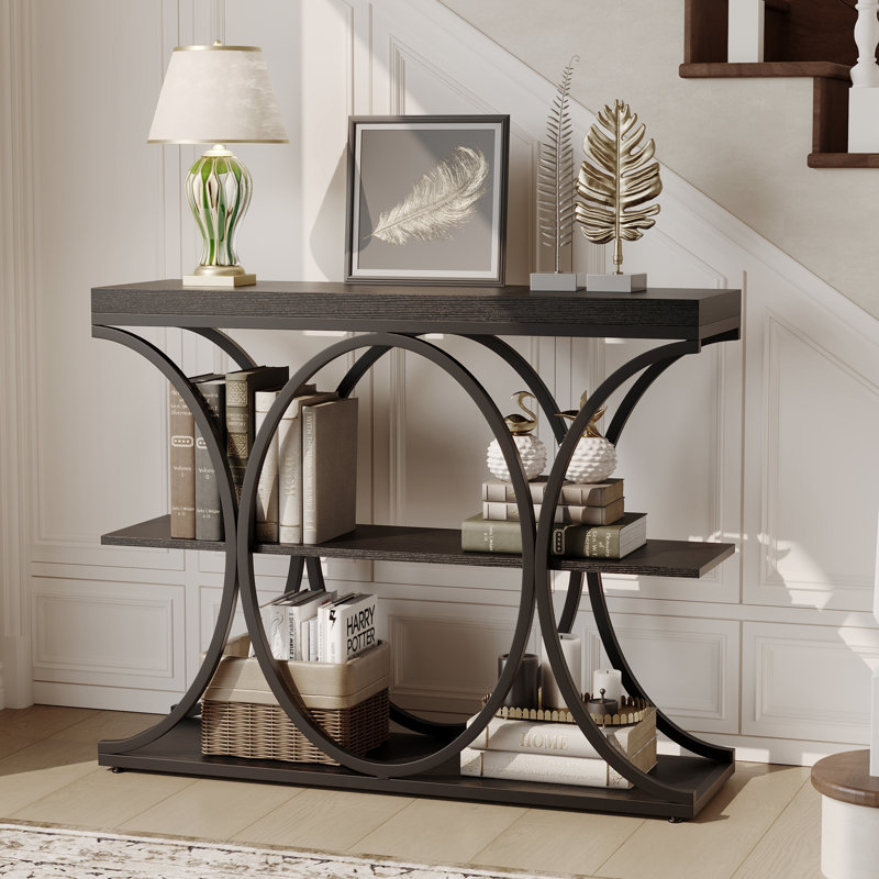 Modern 3-Tier Narrow Console Table for Living Room or Entryway – Geometric Metal Legs, Storage Shelves, Slim Space-Saving Accent, Easy Assembly – Black Wood Grain