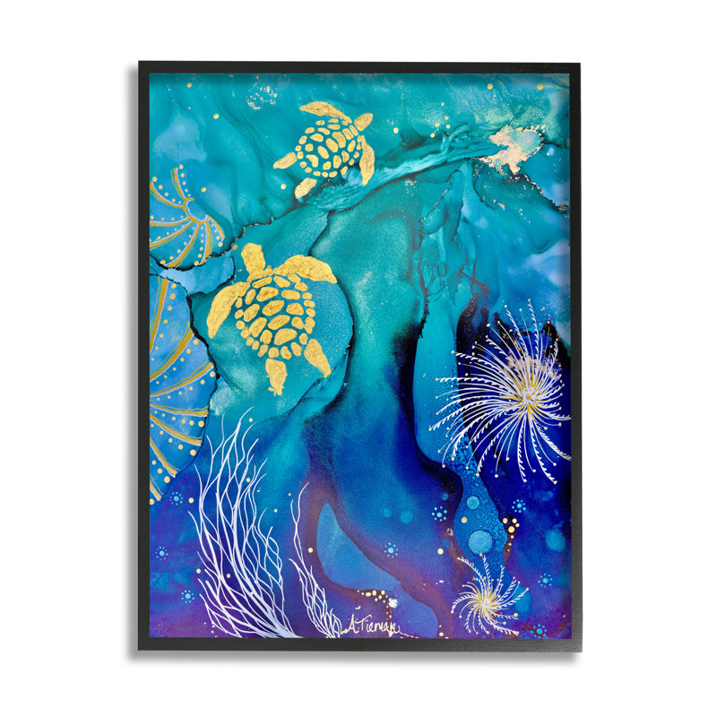 «Abstract Blue Sea Turtles» par Amy Tieman, H 14 po x l 11 po x P 1,5 po, Giclée encadrée noir minuit