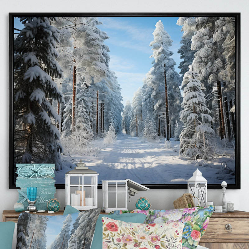 Winter Snowy Evergreen III - Paysage d'hiver, impressions encadrées, H 34 po x l 44 po x P 1,5 po, Cadre flottant noir