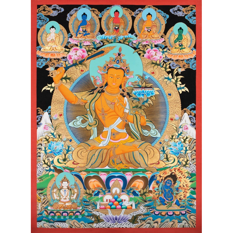 Manjushree avec cinq Bouddha (Brocadeless Thangka)