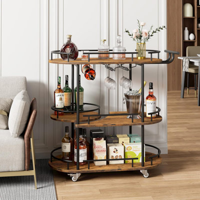4-Tier Mobile Bar Cart with Wine Rack & Glass Holder, Marble MDF Shelves, 360° Rotating Wheels with Brakes for Kitchen, Dining Room, Living Room