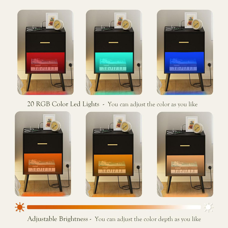 Modern Nightstand With Charging Station, LED Light, Drawer, And Open Shelf For Bedroom