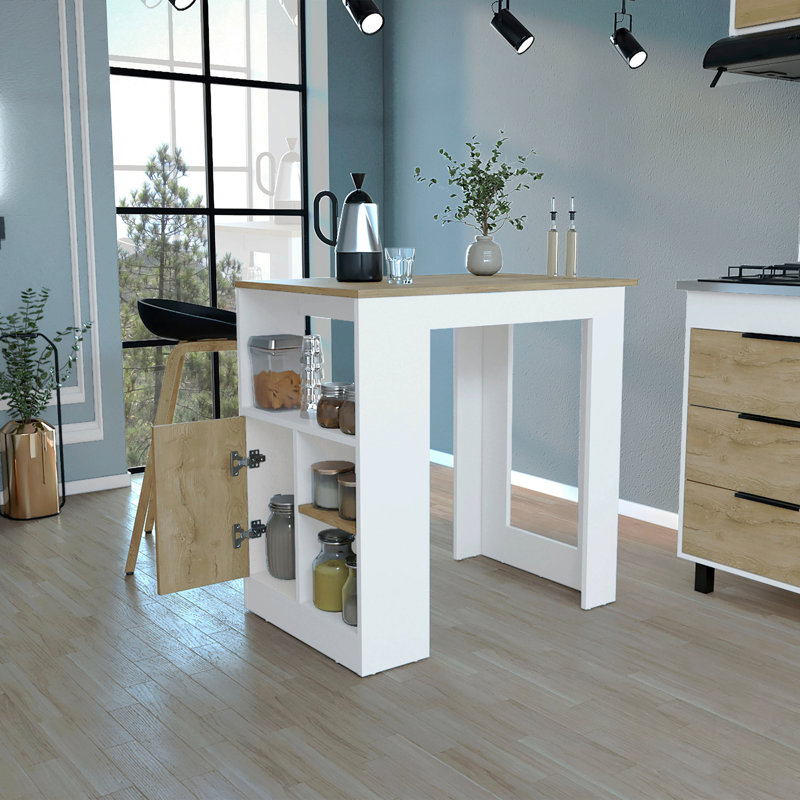 Îlot de cuisine H 36 po, trois tablettes de rangement latérales ouvertes et une armoire à pousser