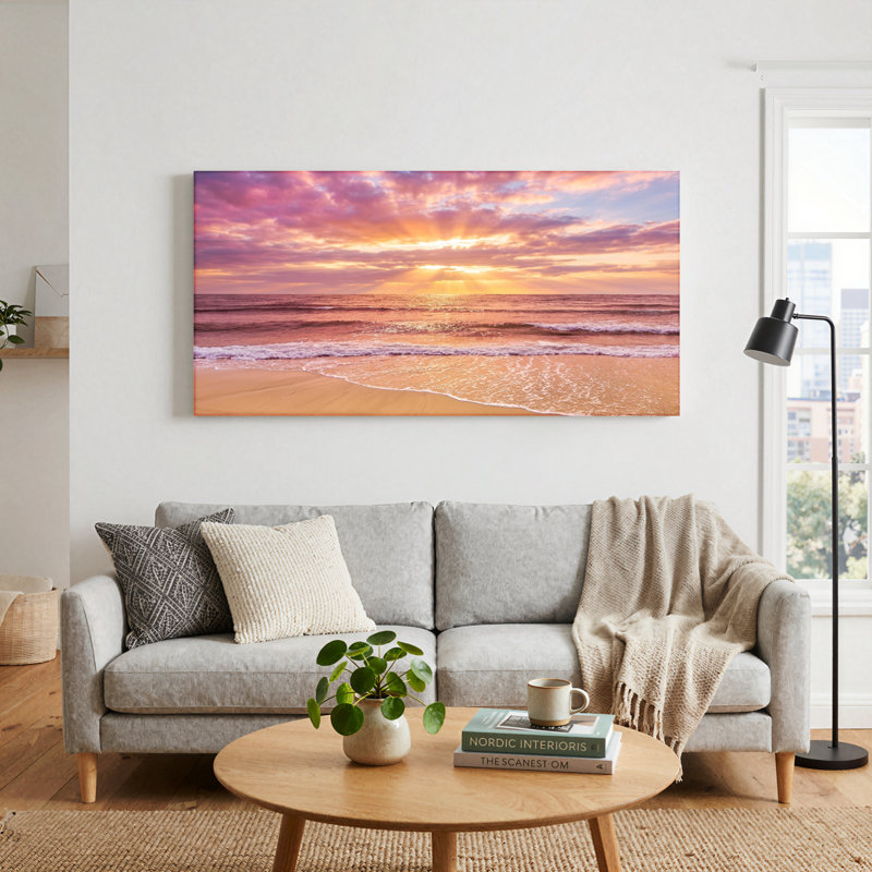 Ensemble de 1 tableau sur toile représentant un coucher de soleil sur la plage, 32“W x 16”H, Wrapped Canvas