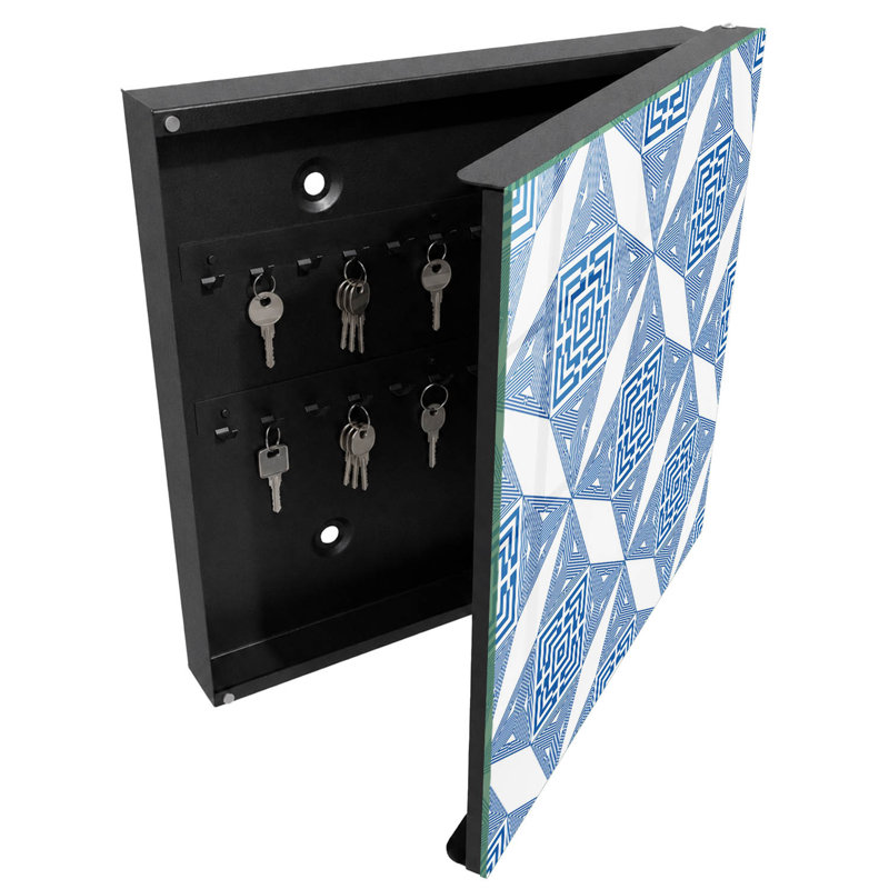 Key storage cabinet, Opens to the right, 30x30x5, Black, Geometric pattern with blue squares, 