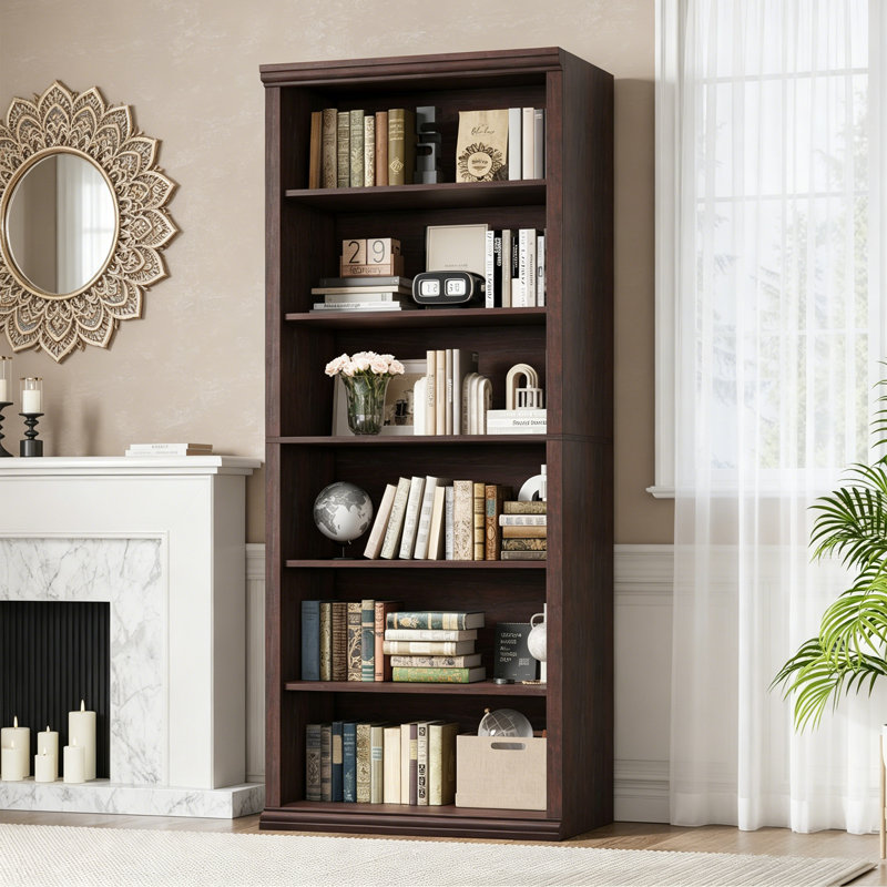 71.8"H x 27.5"W Wooden Bookcase with Elegant Crown Molding, Wide Book Shelves for Living Room or Office, Cherry
