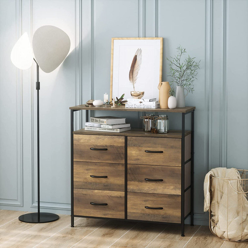 Hutton Iron 80 cm W Chest of 6 Drawers, Light Brown/Black