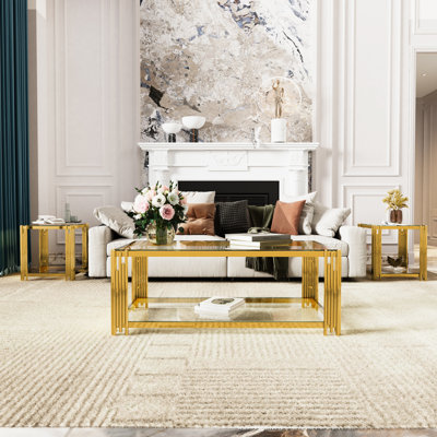 3 Piece Rectangle Glass Coffee Table Set, Modern Living Room Table Set with 1pc 47.5" Coffee Table & 2pcs 19.9" End Tables, Luxury Glass Coffee and En