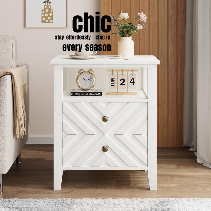 Farmhouse LED Night Stand with 2 Storage Drawers- V-Shaped Design, Open Storage, Shelf Stable Wooden Legs, White