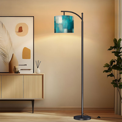 Lampe sur pied à arc avec abat-jour réglable Abstrait turquoise à couches géométriques superposées Blocs géométriques Lampe sur pied à 3 températures de couleur à intensité variable avec interrupteur au pied pour la chambre à coucher