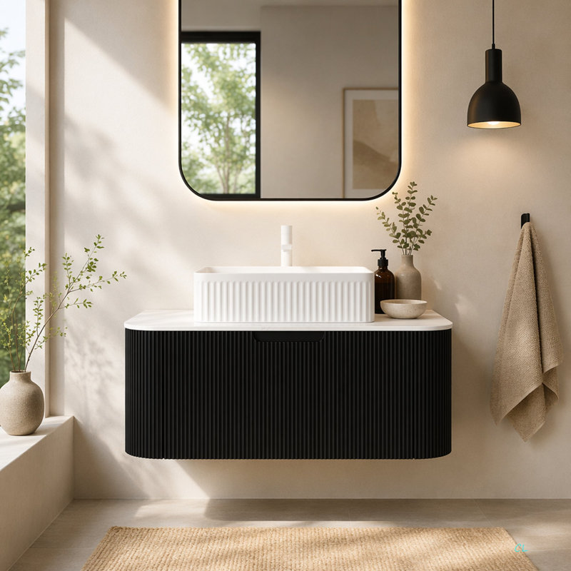 Meuble-lavabo pour salle de bain et évier, meuble-lavabo rayé à bords arrondis avec vasque rectangulaire en céramique et plateau en pierre frittée Carrara de Dina, pré-assemblé