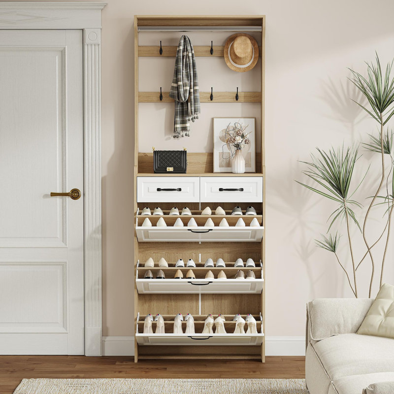 NEW OAK Color Shoe Cabinet  With 3 Doors 2 Drawers With Hanger,Large Space For Storage, Oak/White