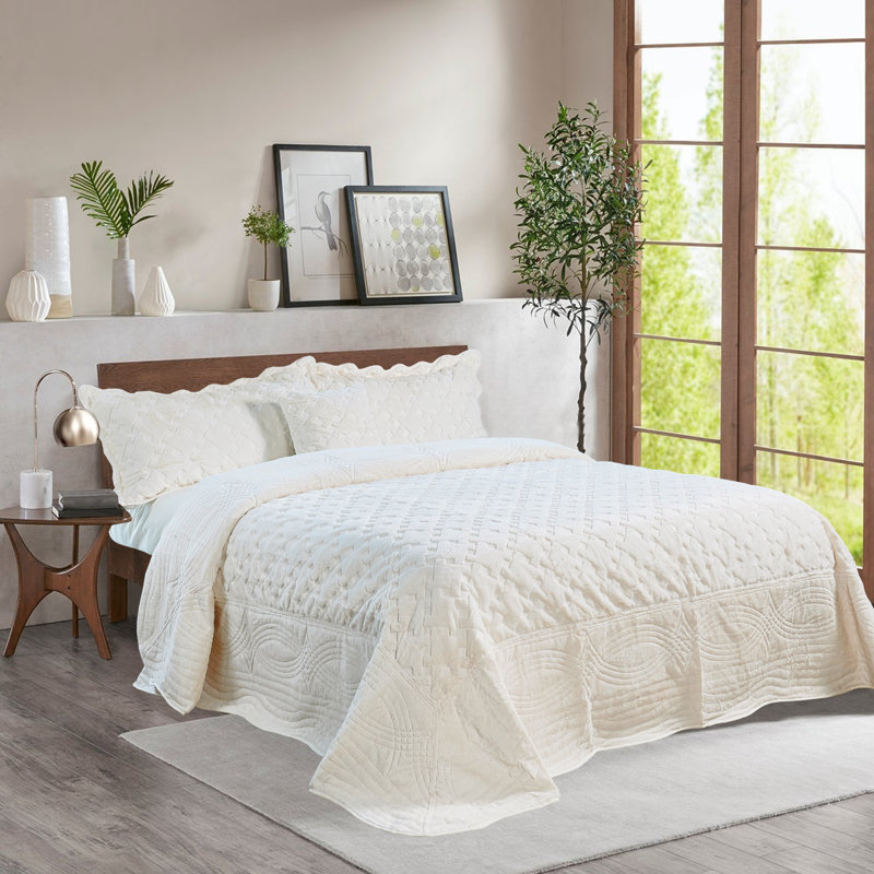 4 Piece Tatami Quilted Faux Fur Set, Queen Coverlet + 3 Additional Pieces, Antique White