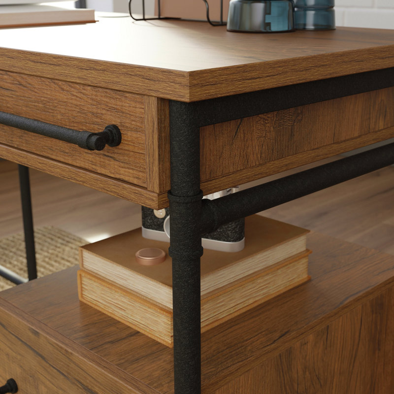 Bureau en L avec bureau épais de 1 pouce, finition brune