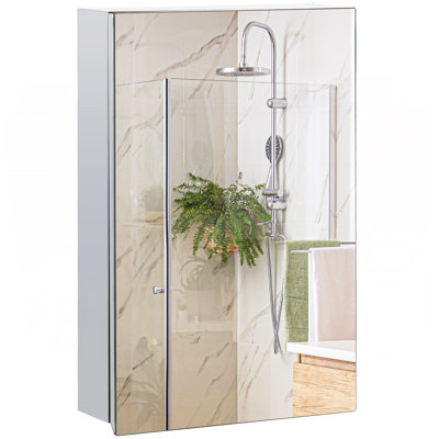 Armoire à pharmacie murale avec miroir, armoire de salle de bain à miroir murale avec porte à charnières, tablettes de rangement pour le salon et la salle de lavage, 15 po x 24 po, argent