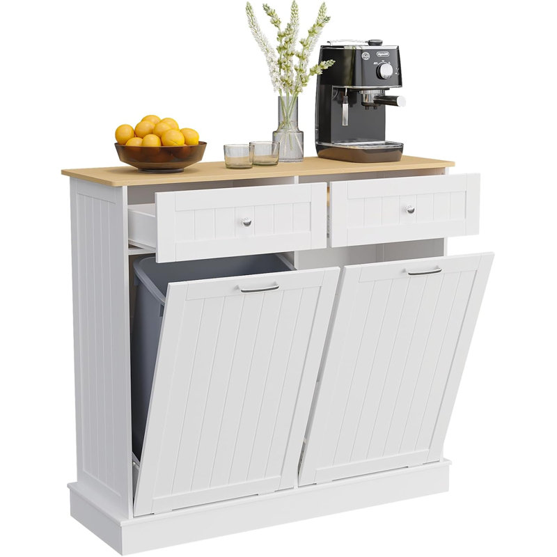 Armoire à double poubelle basculante double - Support de poubelle de cuisine autoportante 20 gallons avec 2 tiroirs cachés et planche à découper, armoire de recyclage résistante aux animaux de compagnie et panier à linge blanc