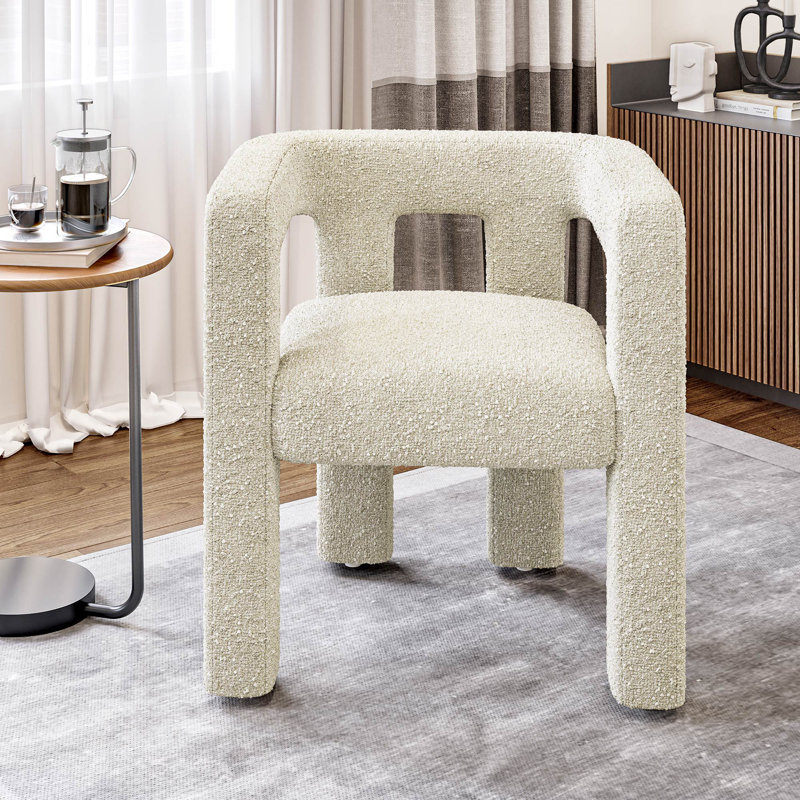 Modern Boucle Barrel Dining Chair, Upholstered Linen Kitchen Boucle Armchair with Sidearms and Back, for Dining Room Living Room