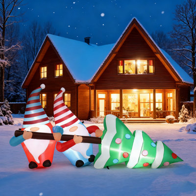 1x 7 Ft Lighted Christmas Inflatable Decoration (inflatable Gnomes Pulling Christmas Tree) | Built-in 6 Leds| 83.8x27.6x3.7ft, Ideal For Front Yard/lawn/garden/holiday Party, Christmas Blow Up Yard Decor