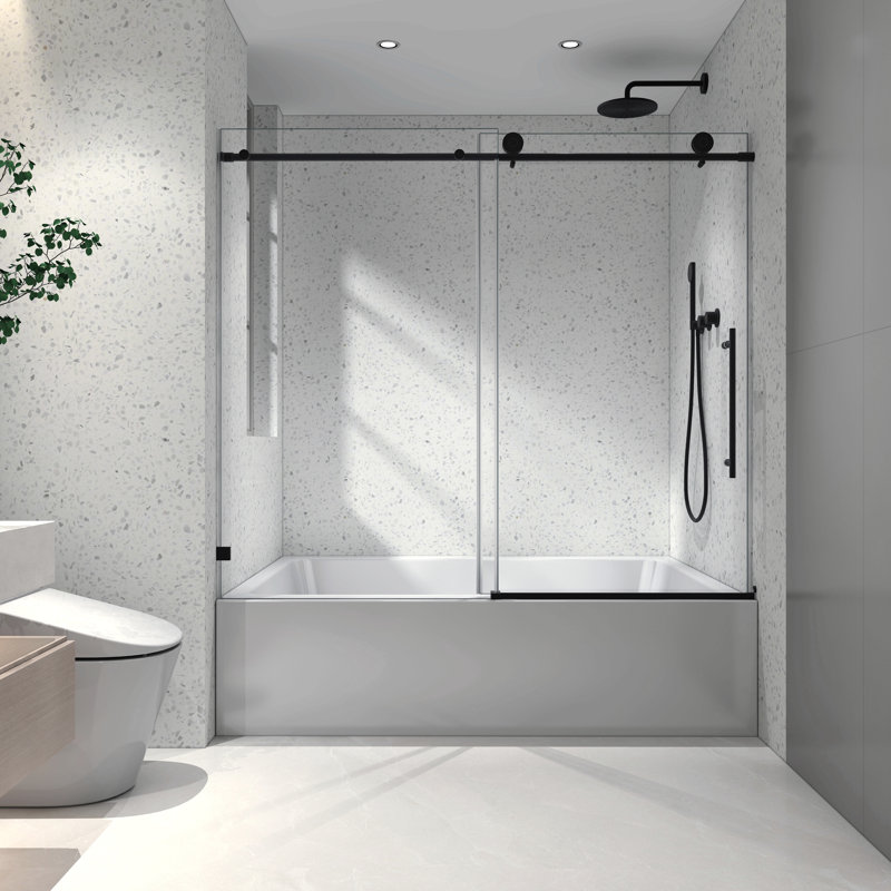 Une porte de douche fixe et une porte décalée sans cadre, de grandes poulies en acier inoxydable 304 de 70 mm avec fonction de fermeture douce réglable, avec nettoyage nano facile et anti-déflagrant