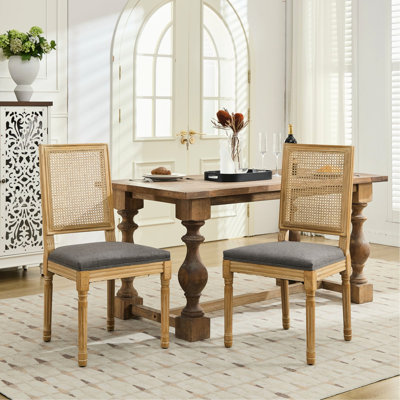 Of 2 Gray Chairs With , Solid Wood Frame And Antique Painted Finish For Dining Room Kitchen In Stylish Rubberwood Comfortable Linen Upholstery Areas