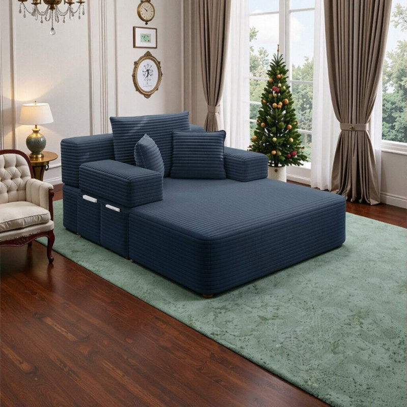 Chaise longue convertible Resta en velours côtelé duveteux avec poches de rangement et 3 coussins, Bleu