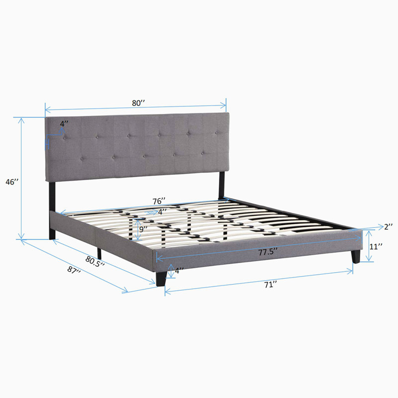 King Size Upholstered Platform Bed Frame With Button Tufted Linen Fabric Headboard, No Box Spring Needed, Wood Slat Support, Easy Assembly, Gray