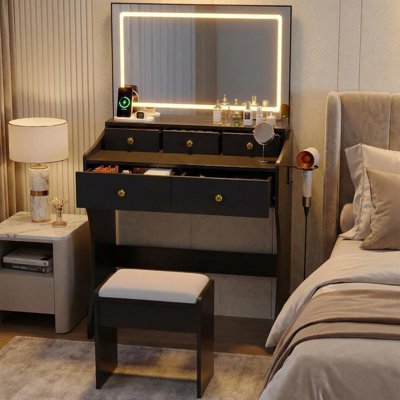 31.5" Vanity Desk with LED Mirror & Power Outlet, 3 Lighting Modes, Storage Drawers & Stool for Bedroom