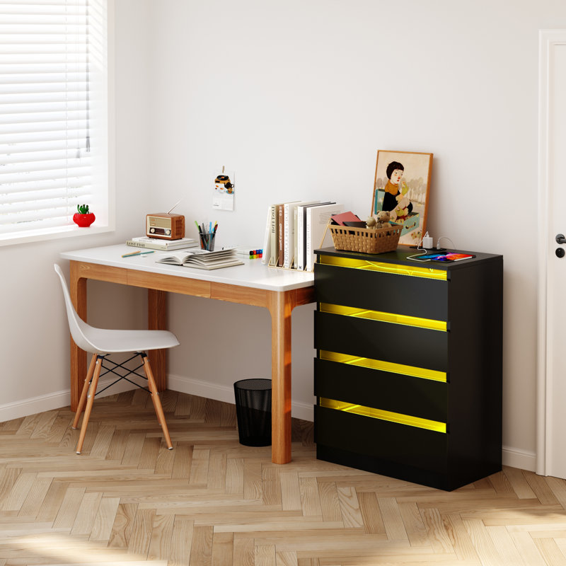 Commode 4 tiroirs avec station de charge et lumière DEL, Noir