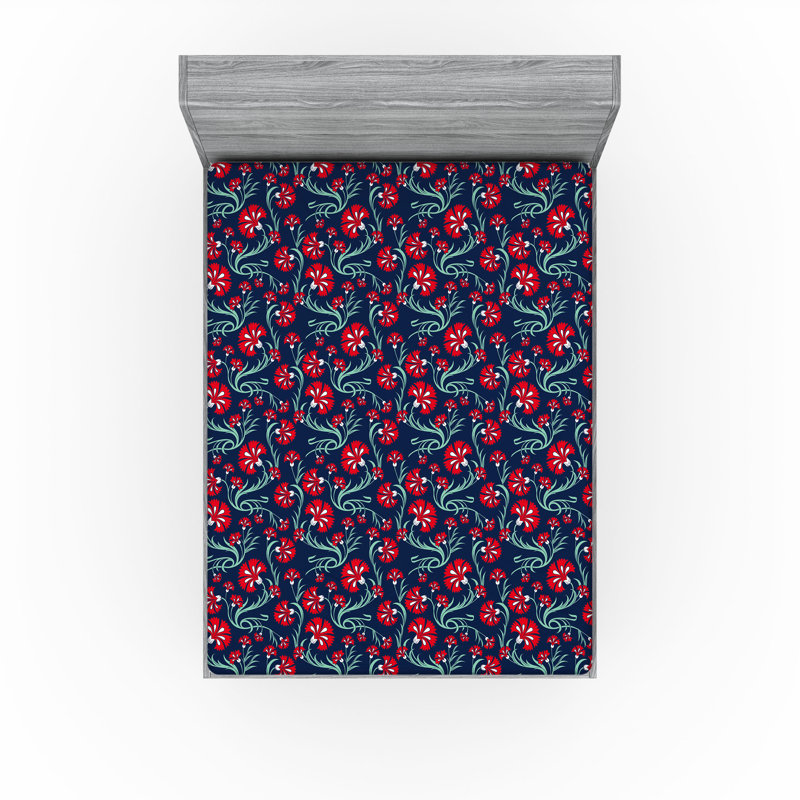 Drap-housse Ambesonne, Écarlate, blanc, indigo / floral, Drap-housse grand