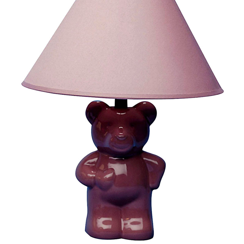 Lampe de table en céramique de 13 po de hauteur, design d'ours en peluche avec finition rose, abat-jour en lin