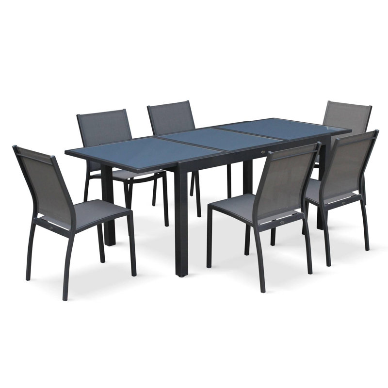 Dancer 6 - Person Patio Dining Set with Extendable Rectangular Table, Black/Charcoal Grey